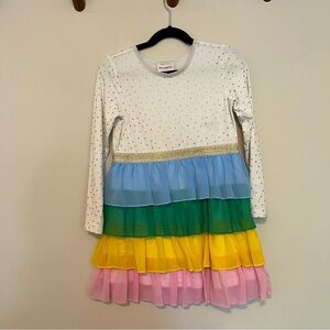 Hanna Andersson rainbow and gold dots sparkle long sleeve dress, size 6-7
